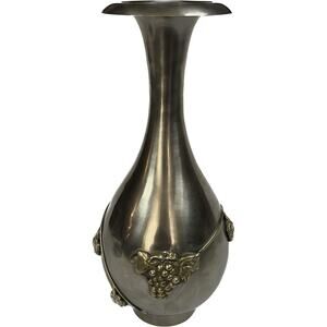 Vintage Pewter & Brass Grapevine Vase 10” Decorative Grape Leaf Motif Metal